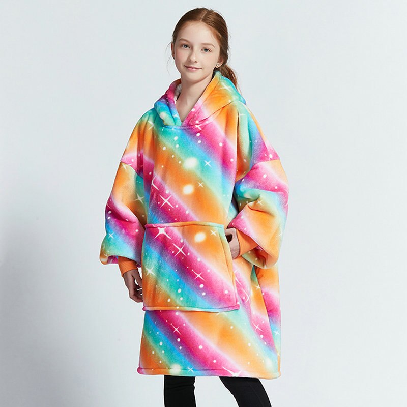 Kids Sherpa Fleece Snuggle Hoodie – Double-Layer TV Blanket Hoodie with Sleeves | Winter Warm Oversized Wearable Blanket