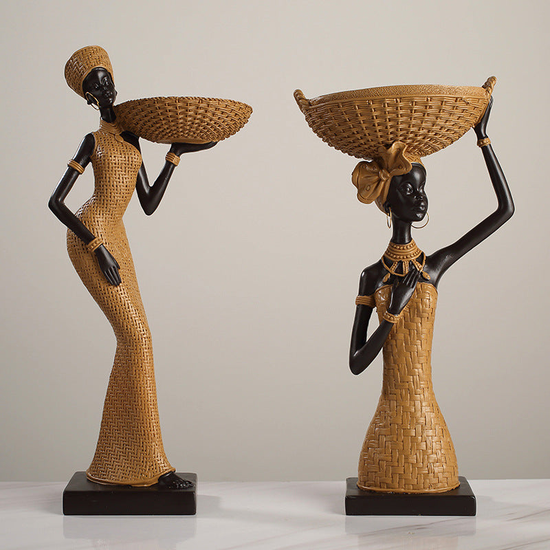 African Girls Resin Ornament - Golden Seated Figurine Home Decor & Character Decoration