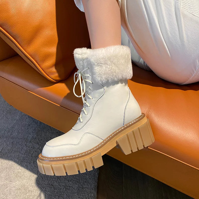 Women’s Leather Winter Boots | Natural Cowhide + Wool Lined Platform Snow Boots