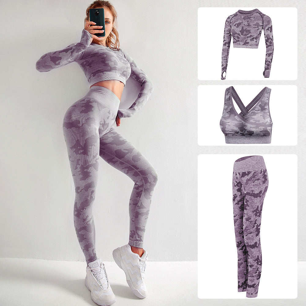 Camo Yoga Set 3 Piece - Sports Bra, Leggings & Long Sleeve Top | Butt Lift Workout