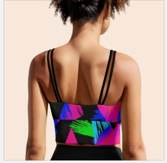 Geo Voltage Short Yoga Top – Neon Geometric Print | Built-In Chest Pad