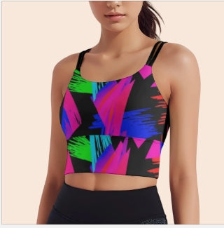 Geo Voltage Short Yoga Top – Neon Geometric Print | Built-In Chest Pad