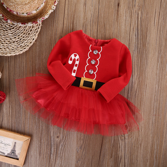 Baby Christmas Tutu Dress Spring and Autumn Long Sleeve Christmas Mesh Dress