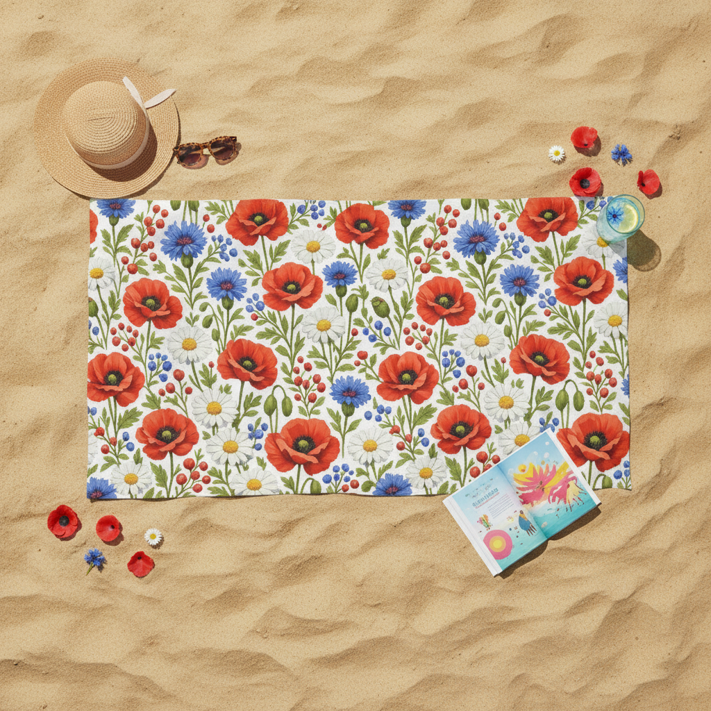 Flat lay wildflower towel sand